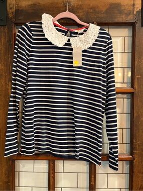 Boden Navy and White Striped Top with Red Trim